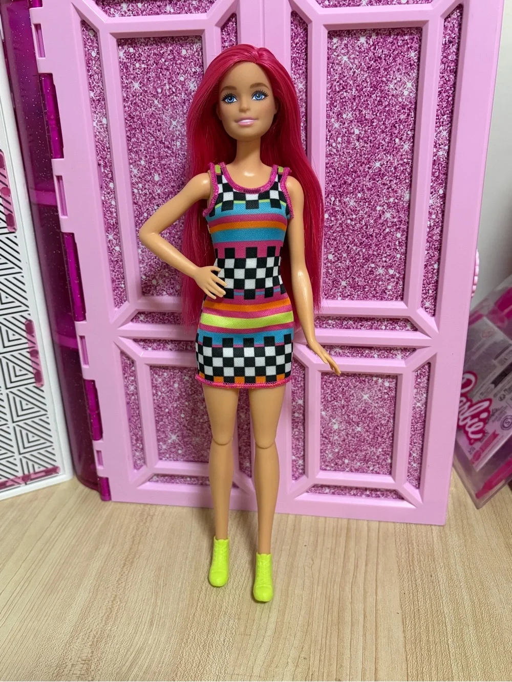 Barbie Pink-Red Hair Multicolor Striped Checkerboard Dress